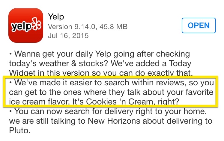 Yelp release notes